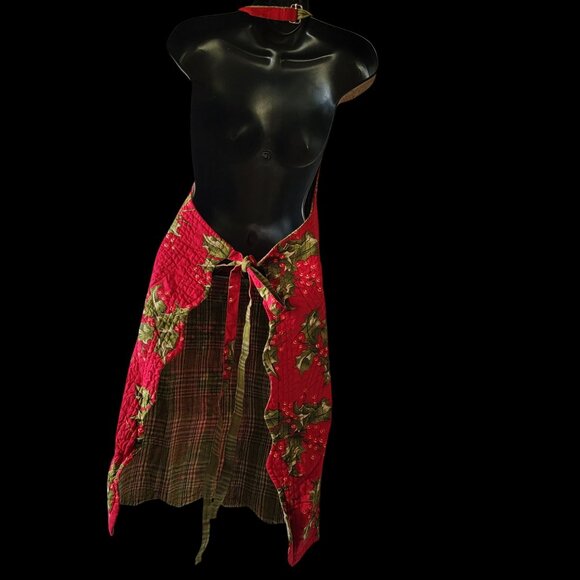 Vtg Reversible Quilted Christmas Apron With Holly & Plaid Design Adjustable Srap - Picture 12 of 12